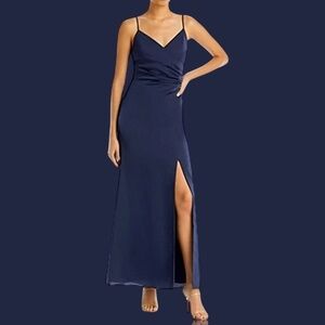 Aqua Navy Spaghetti-Strap V-Neck Slit Evening Gown